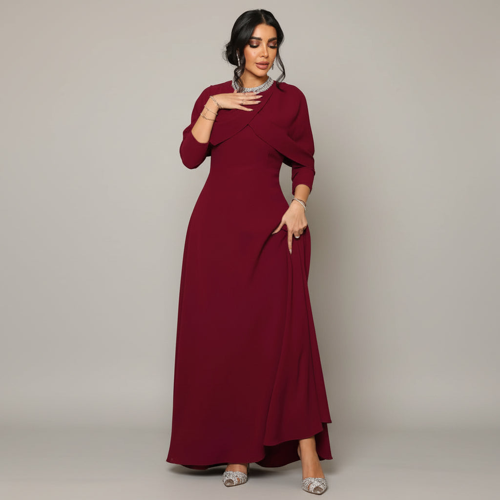 Auria Elegant Modest Gown – Red (Clearance) (Rhinestone detailing varies from the picture)