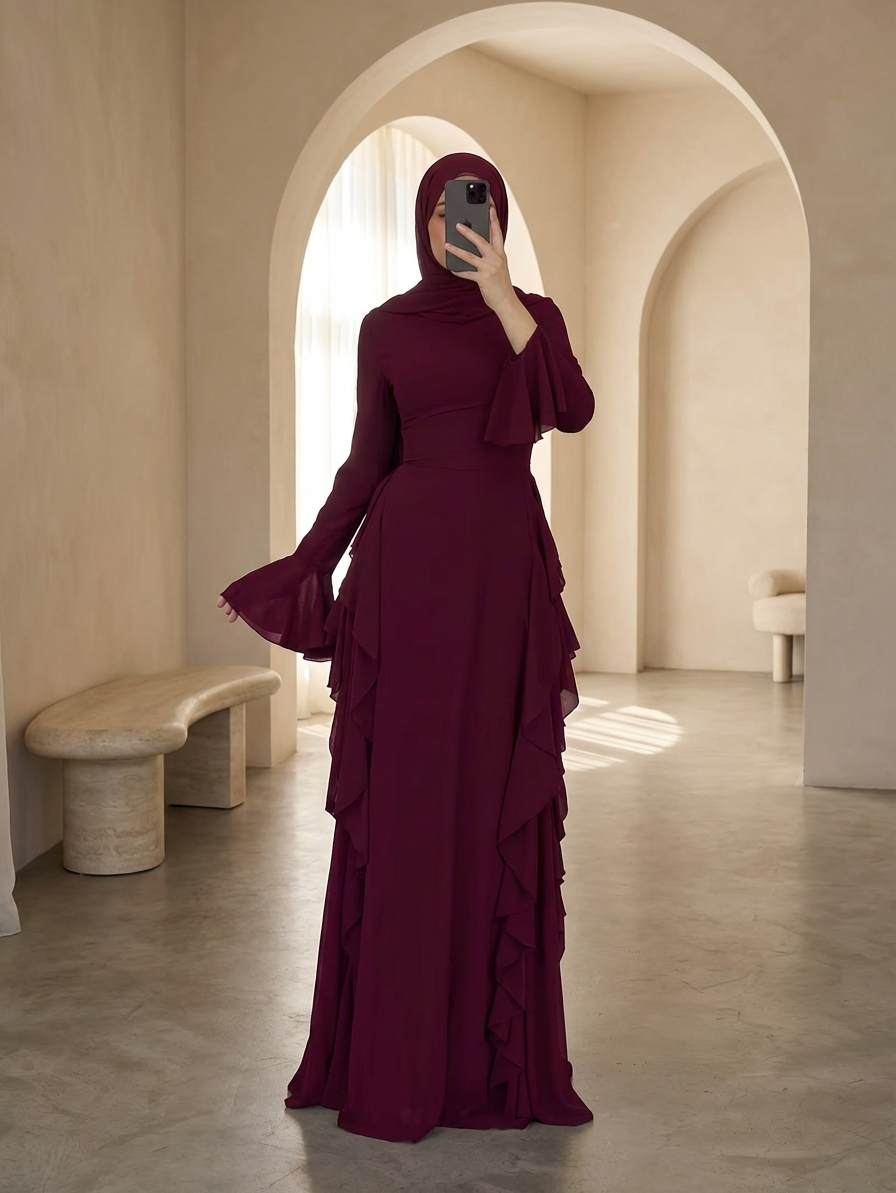 Sahar Ruffle Maxi Gown - Burgundy