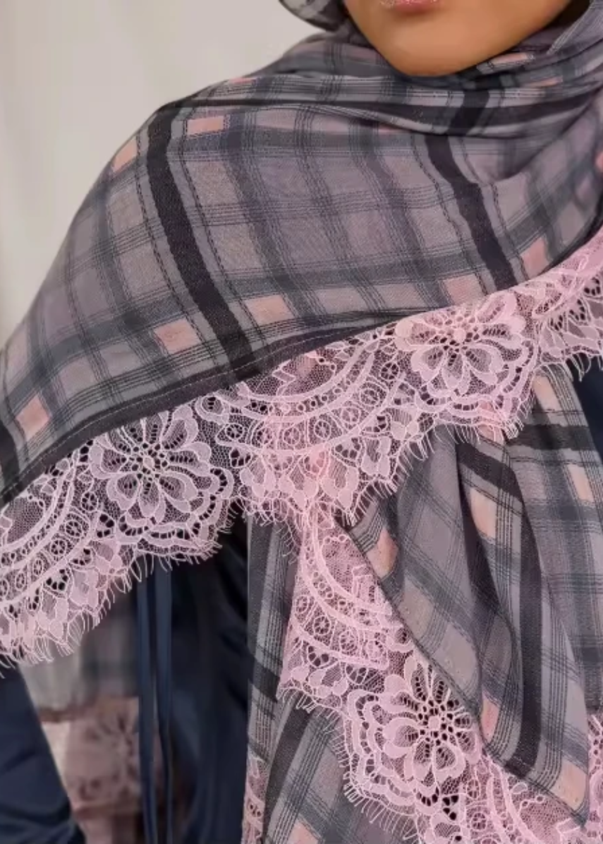 Lattice & Lace Plaid Check Modal Hijab - The Obsidian Edition - Pink