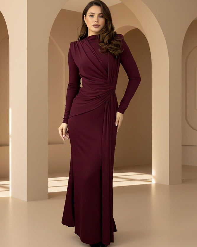Zareen Sculpted Drape Gown – Burgundy