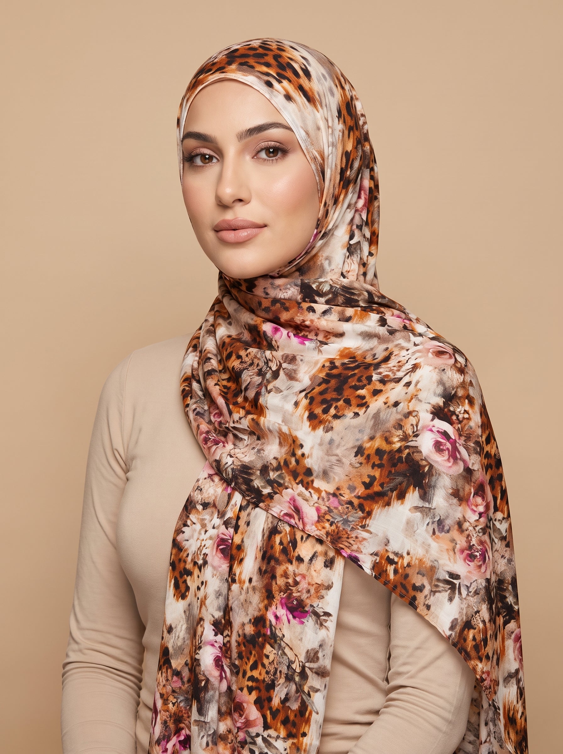 A woman wearing a beige long-sleeve top and a patterned hijab with a leopard print and floral design, posed against a solid beige background.