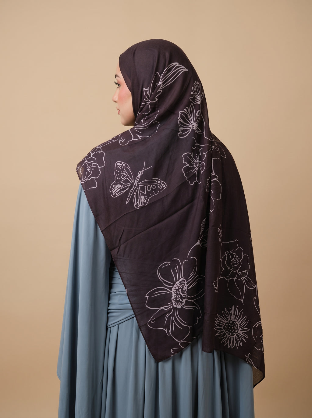 Peony Art Line Printed Modal Hijab - Espresso