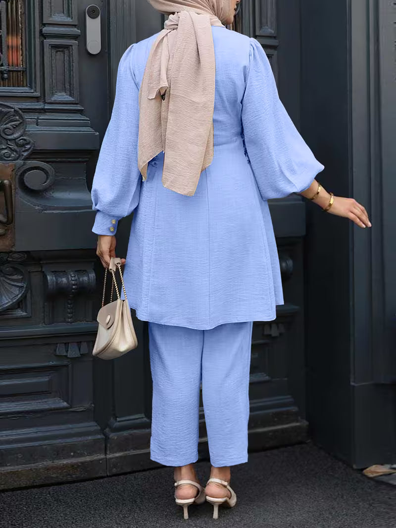 Maria Puff Sleeve Co-Ord Set - Serenity Blue