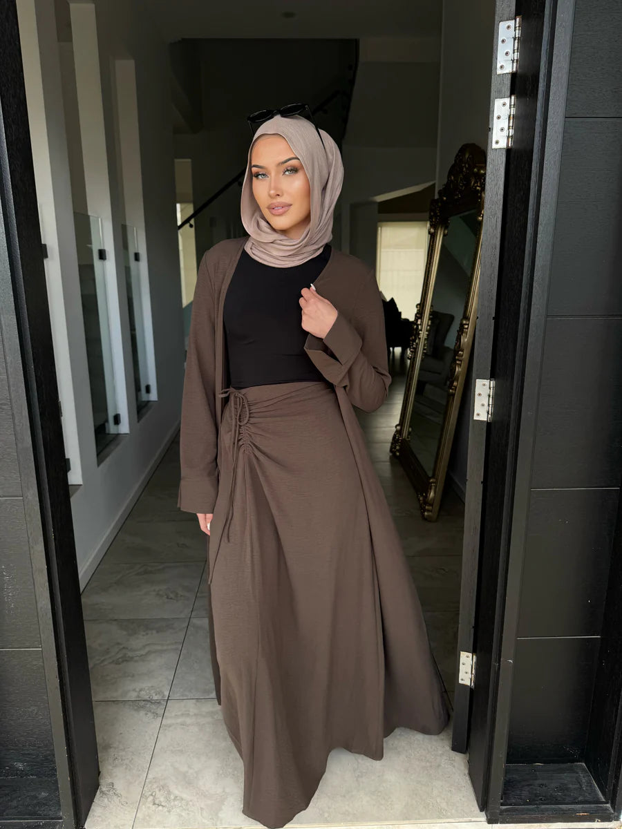 The Pearl Two-Piece Modest Kimono & Maxi Skirt Set - Mocha