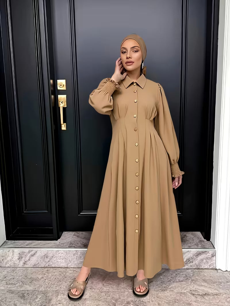Azra Long Sleeve Full Button-Down Maxi Dress - Camel Beige