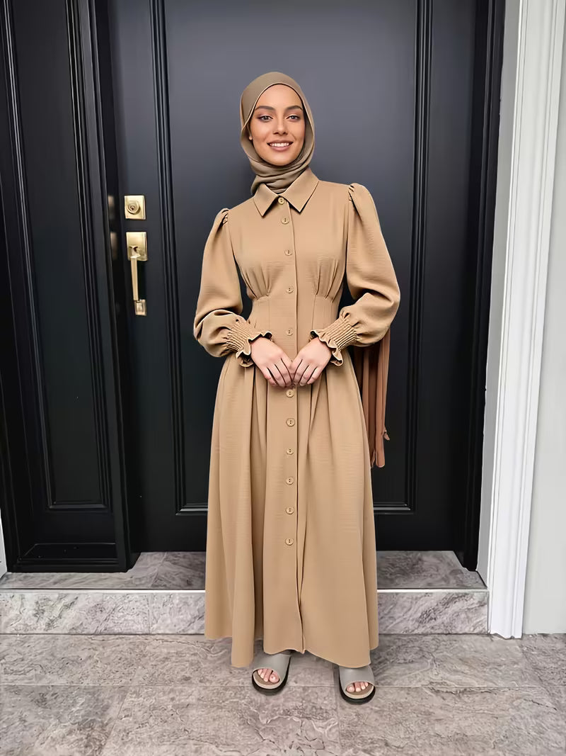 Azra Long Sleeve Full Button-Down Maxi Dress - Camel Beige