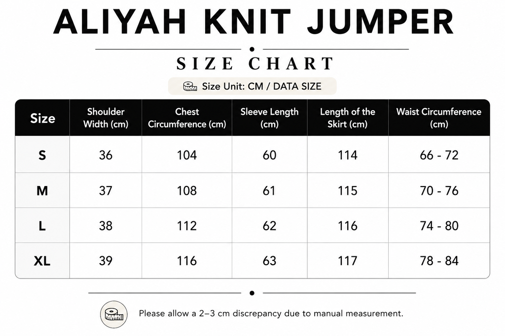 Size chart for Aliyah Knit Jumper with measurements in centimeters.
