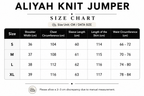 Size chart for Aliyah Knit Jumper with measurements in centimeters.