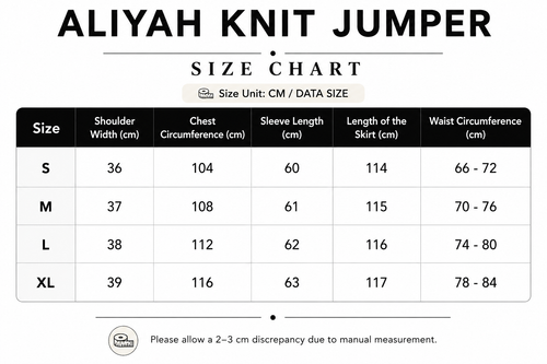 Size chart for Aliyah Knit Jumper with measurements in centimeters.
