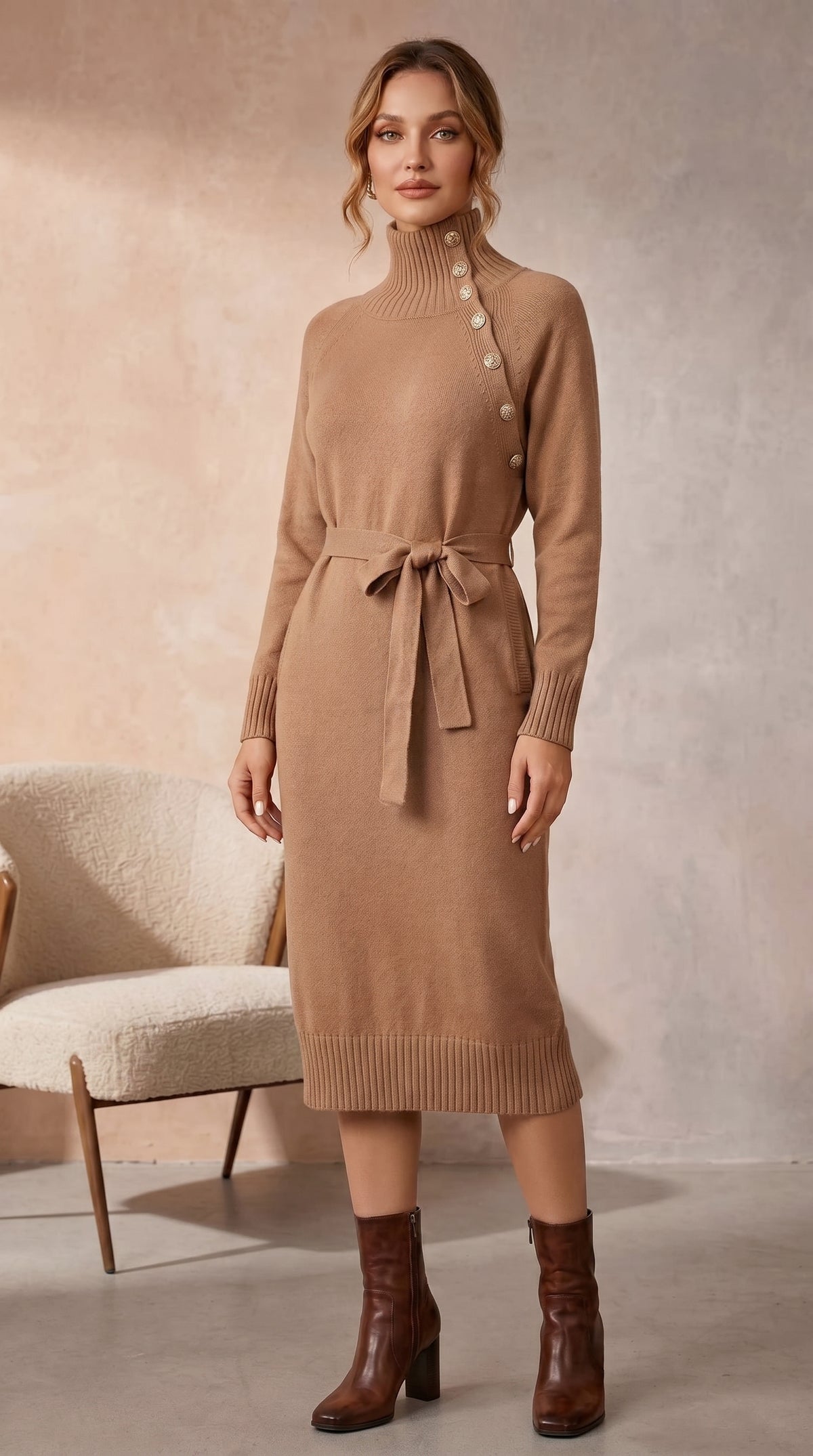 winter knit dresses australia Aliyah Midi Dress Camel Brown | Modest Dress static SHEIN EZwear Rainbow Crochet Size:46 inch (+$6.00) A cosy knit midi