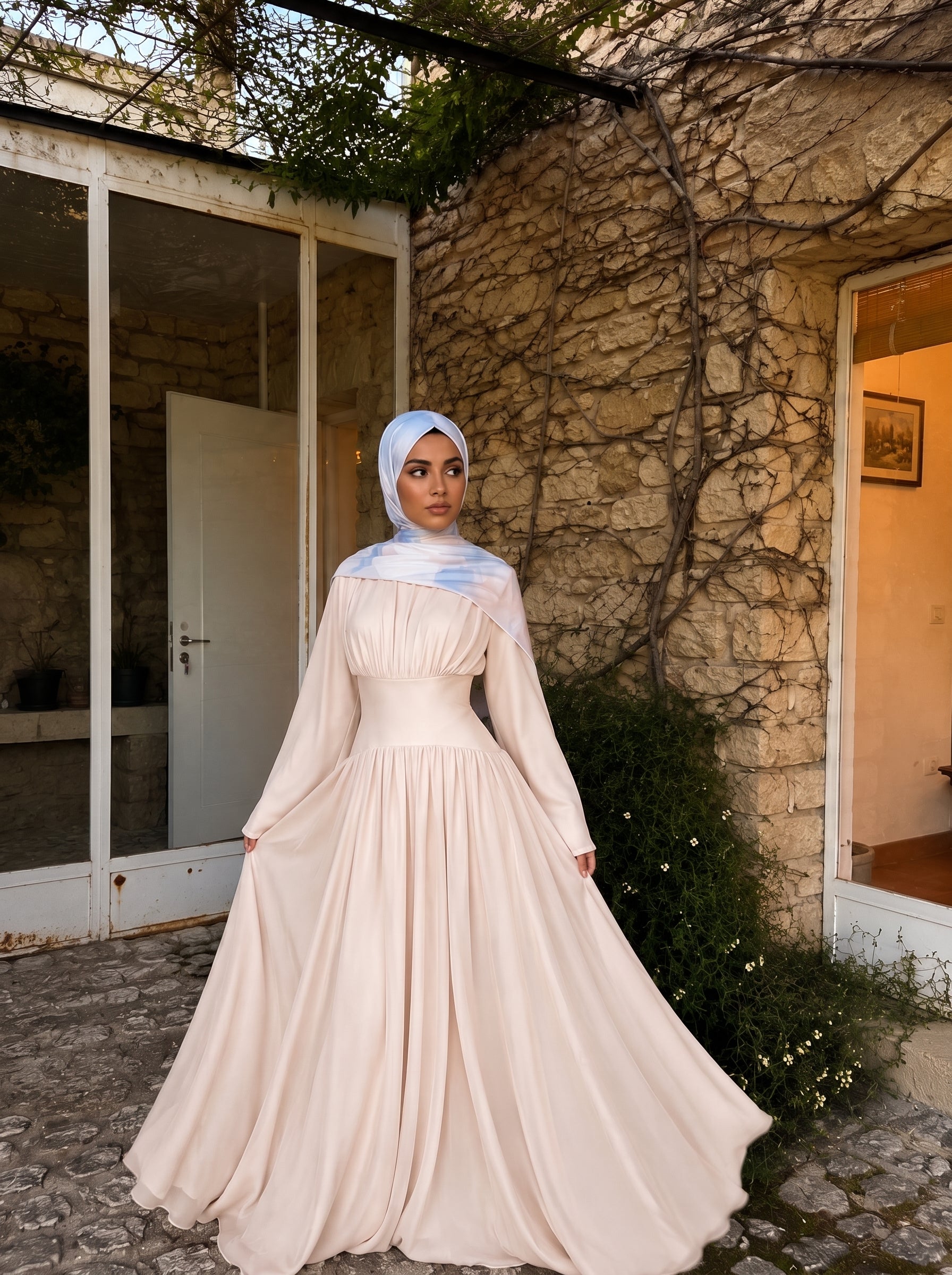 Amani Beige Pleated Corset Maxi Dress