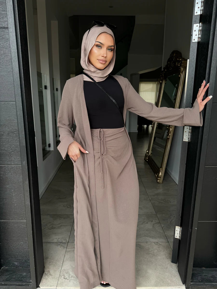 The Pearl Two-Piece Modest Kimono & Maxi Skirt Set - Rose Taupe