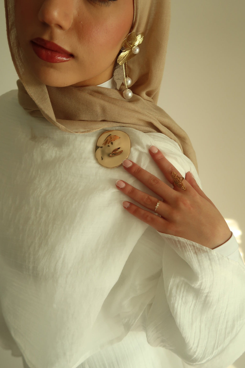 Aurelia Shawl Textured Overlay Modest Dress - White