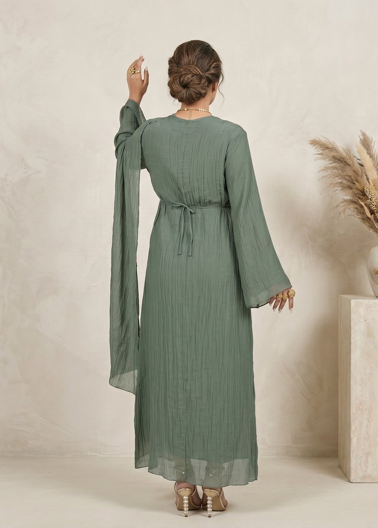 Aurelia Shawl Textured Overlay Modest Dress - Teal