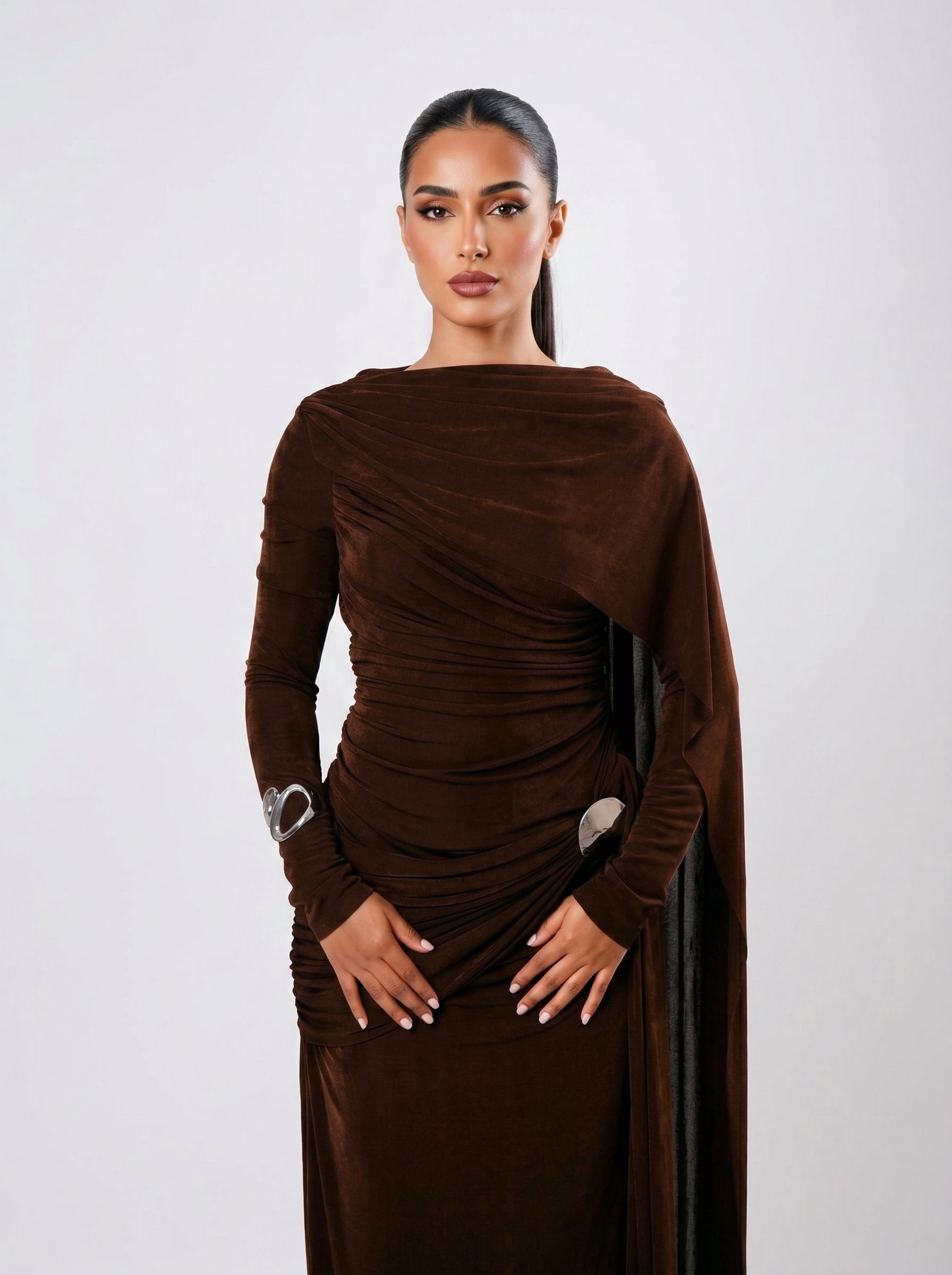 Haya Grace Drape Gown - Dark Coffee