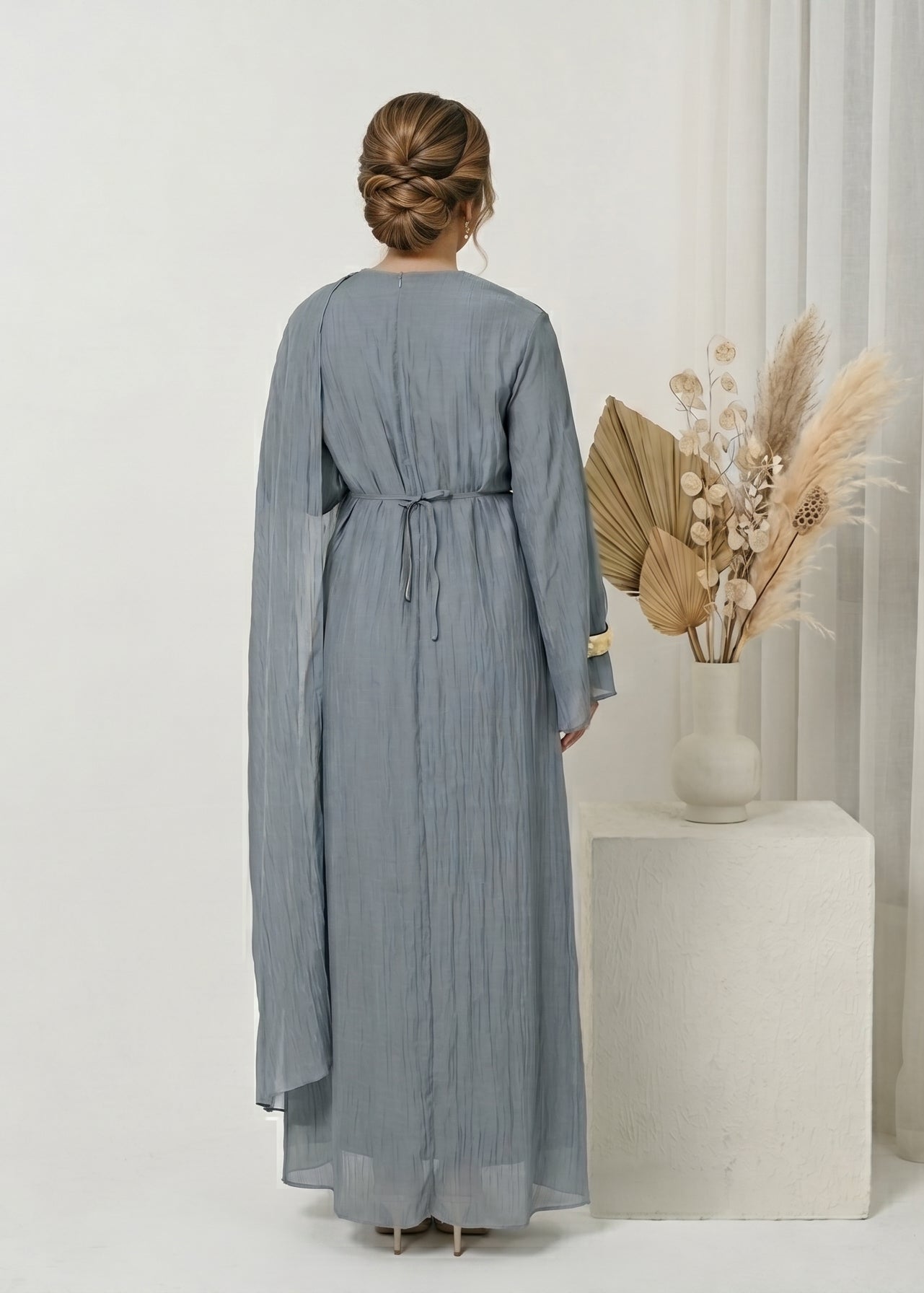 Aurelia Shawl Textured Overlay Modest Dress - Misty Blue