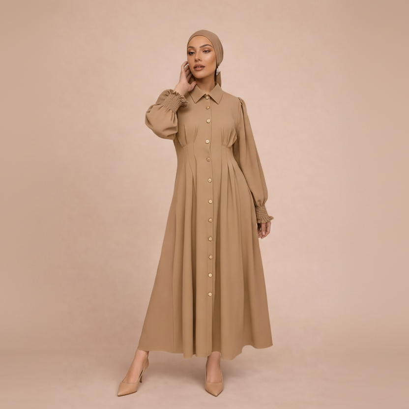 Azra Long Sleeve Full Button-Down Maxi Dress - Camel Beige