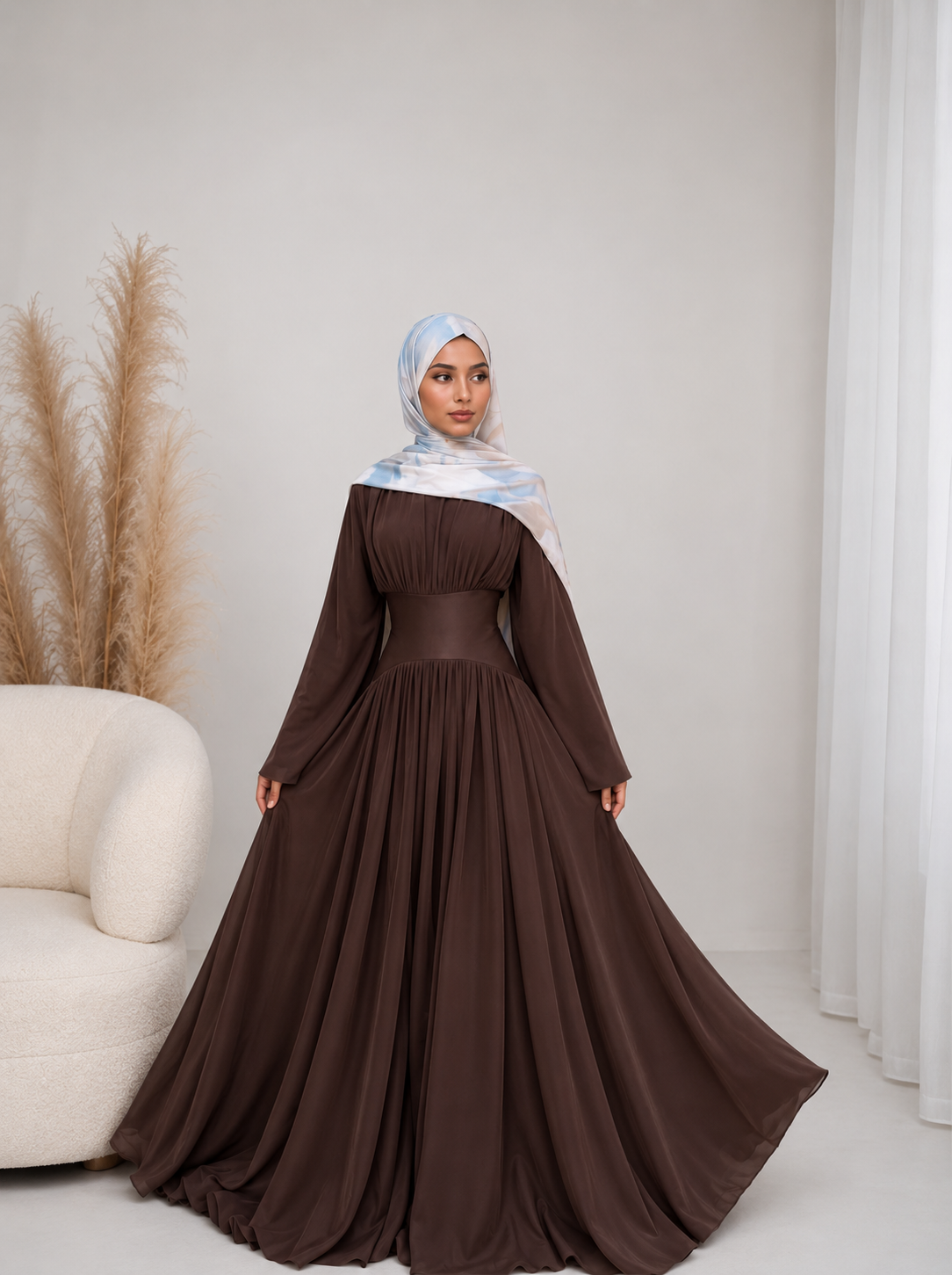 Amani Brown Pleated Corset Maxi Dress