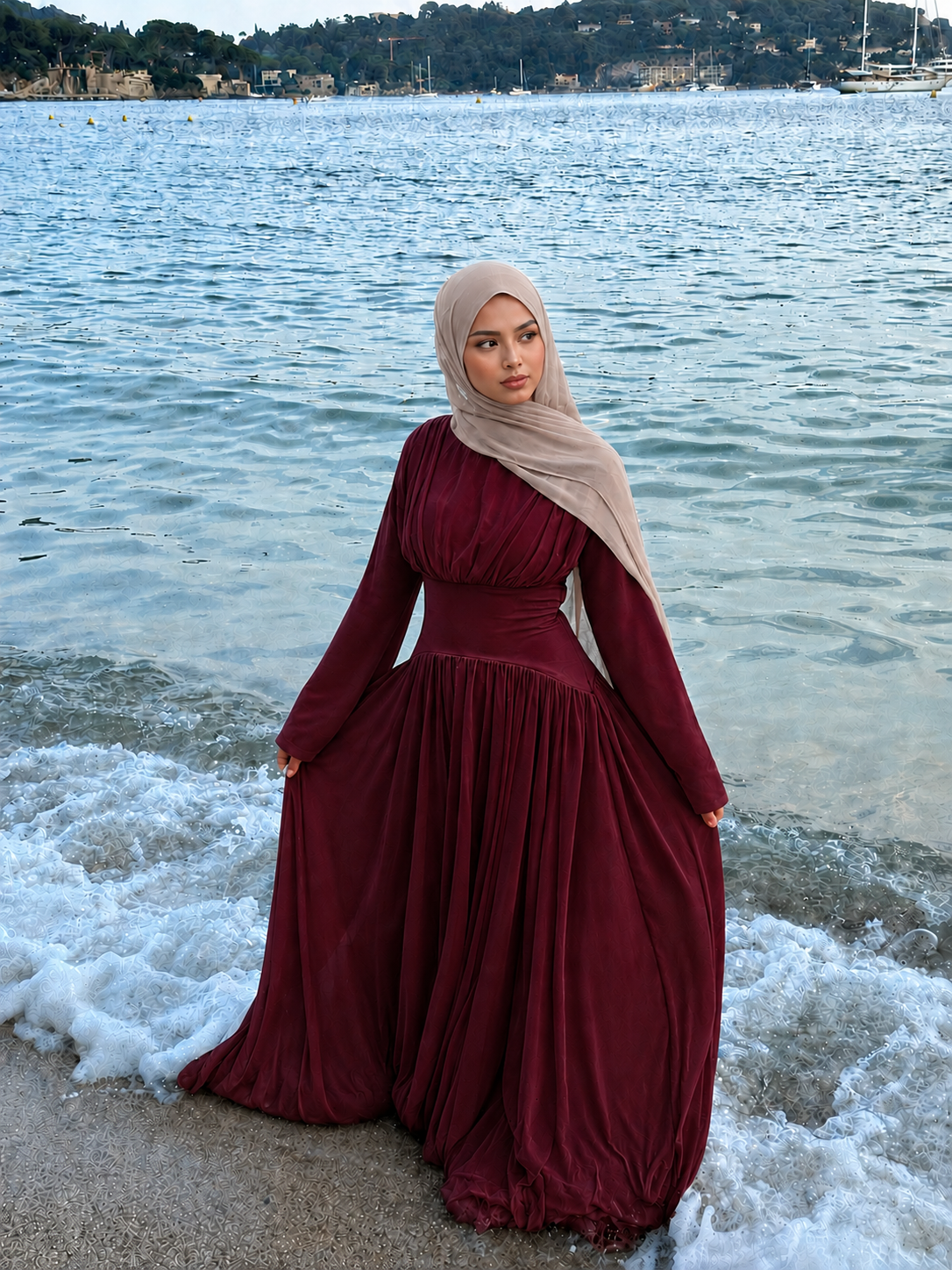 Amani Deep Red Pleated Corset Maxi Dress