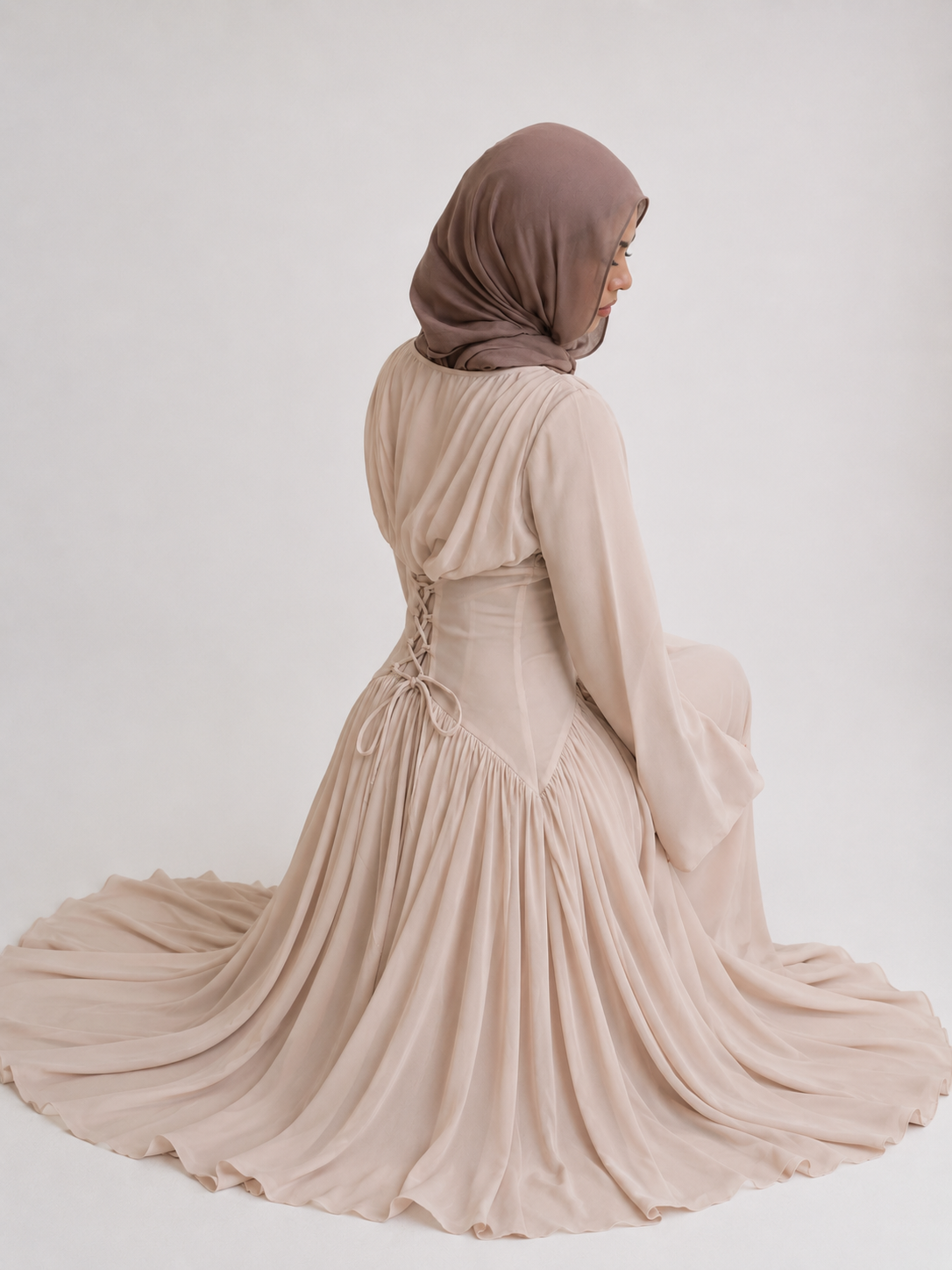 Amani Beige Pleated Corset Maxi Dress