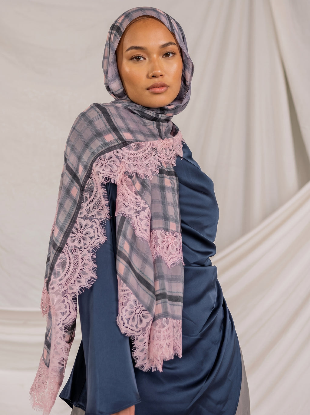 Lattice & Lace Plaid Check Modal Hijab - The Obsidian Edition - Pink