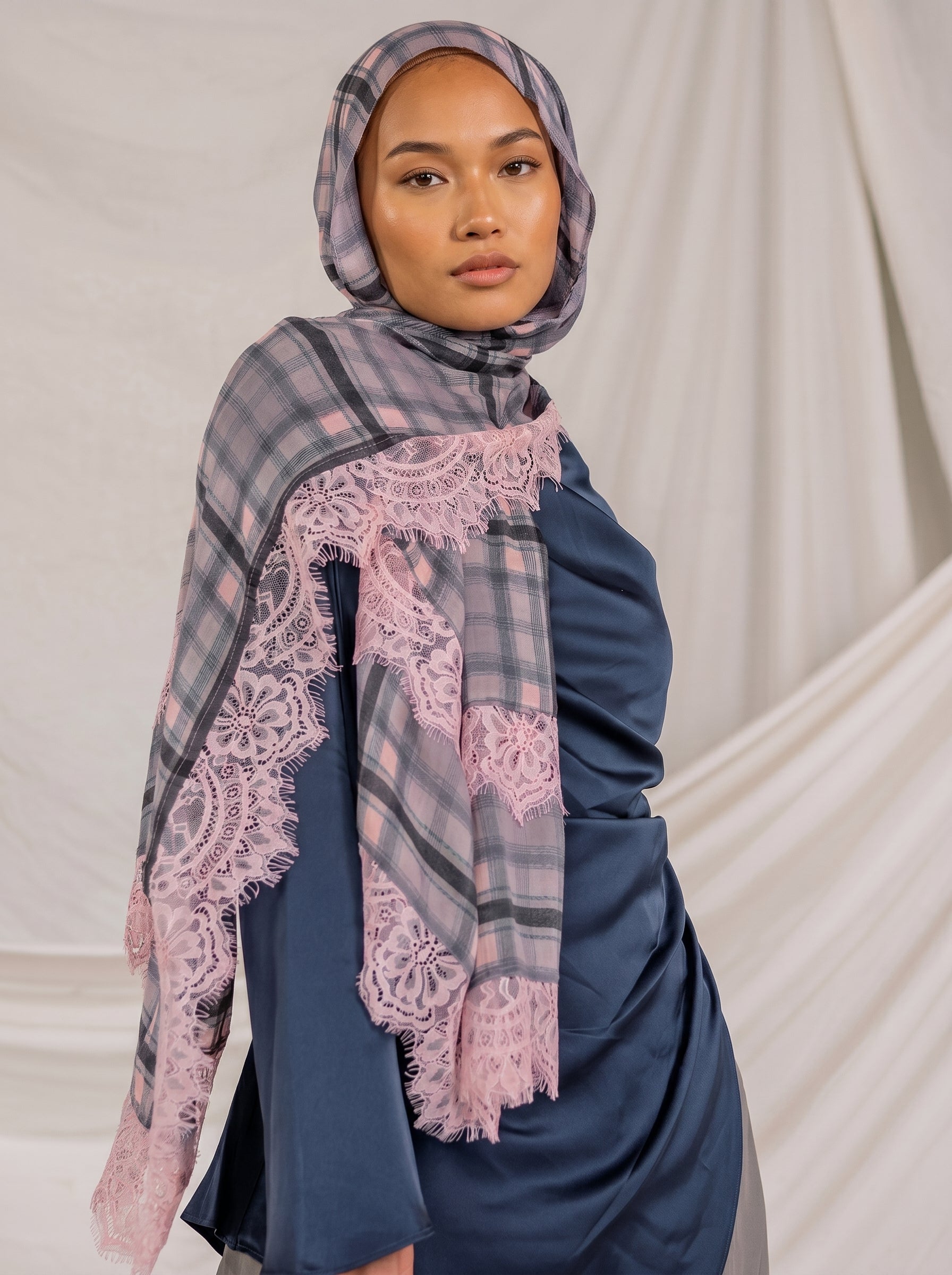 Lattice & Lace Plaid Check Modal Hijab - The Obsidian Edition - Pink