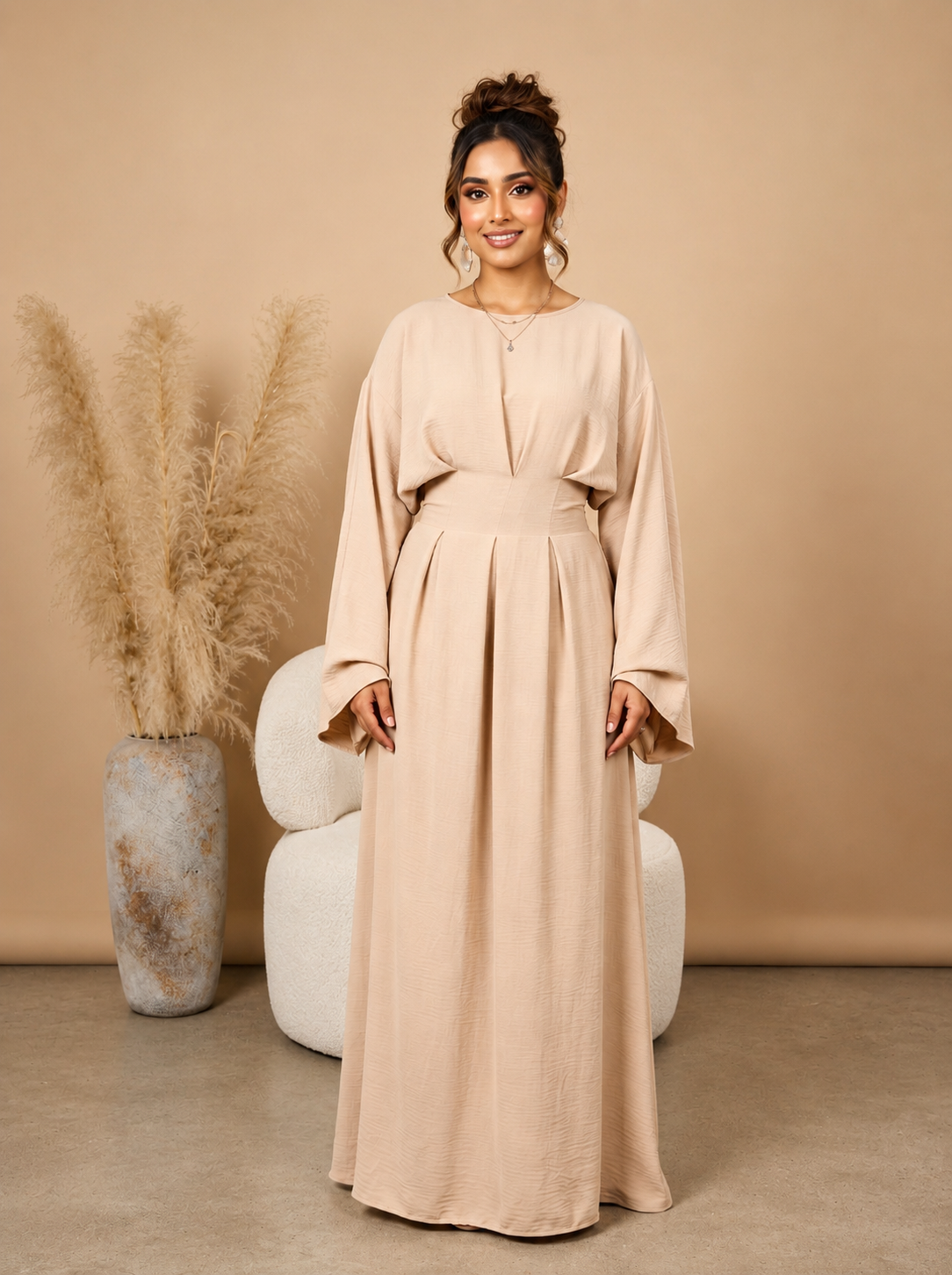 Classic Grace Pleated Maxi Dress - Beige
