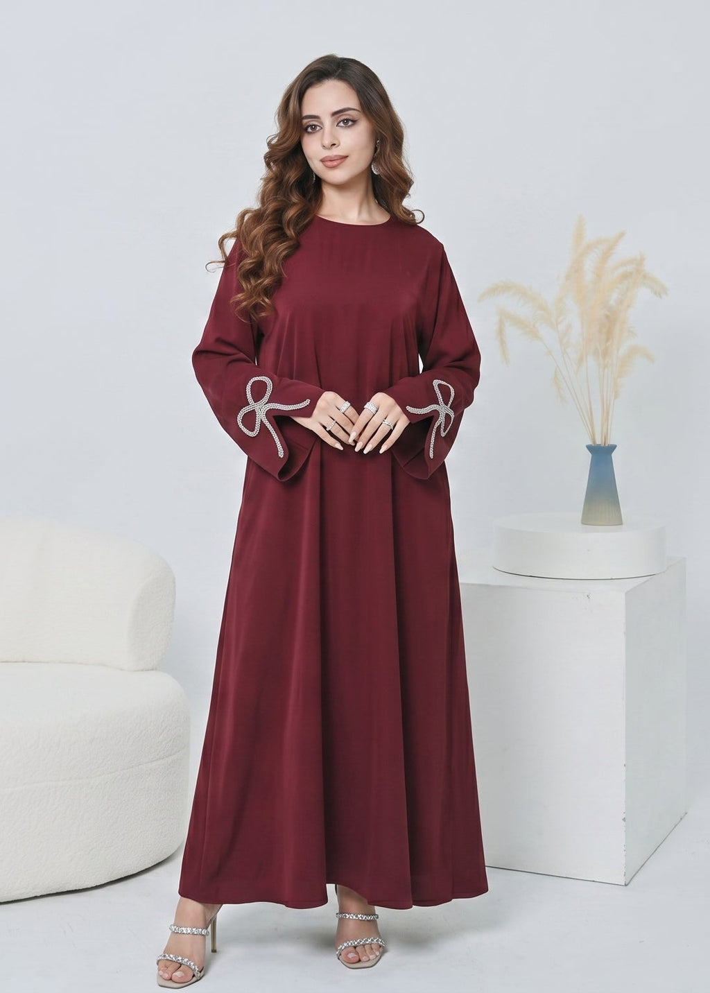 Zaina Crystal Bow Abaya - Deep Berry