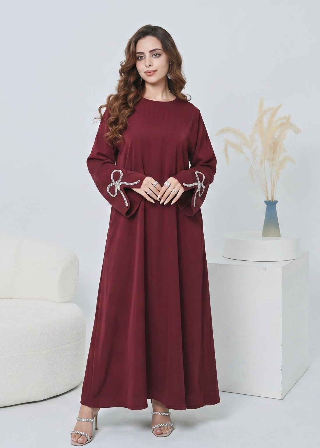 Zaina Crystal Bow Abaya - Deep Berry
