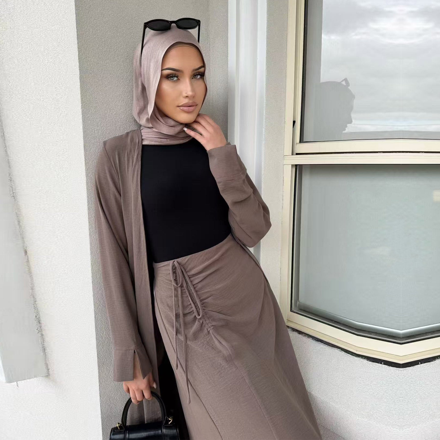 The Pearl Two-Piece Modest Kimono & Maxi Skirt Set - Rose Taupe