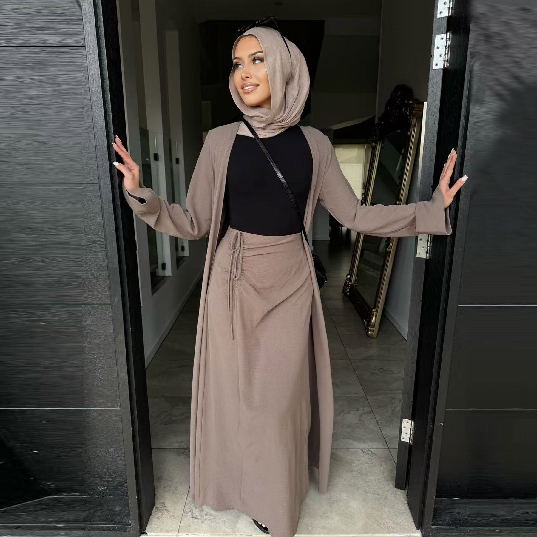 The Pearl Two-Piece Modest Kimono & Maxi Skirt Set - Rose Taupe