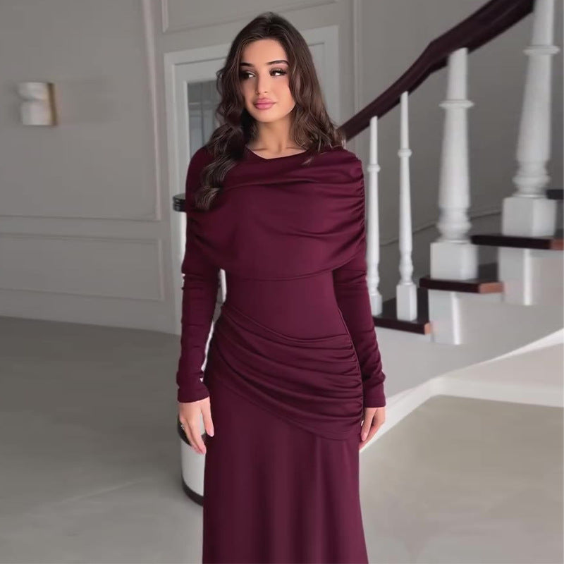 Naeera Ruched Cowl Neck Bodycon Maxi Dress - Burgundy