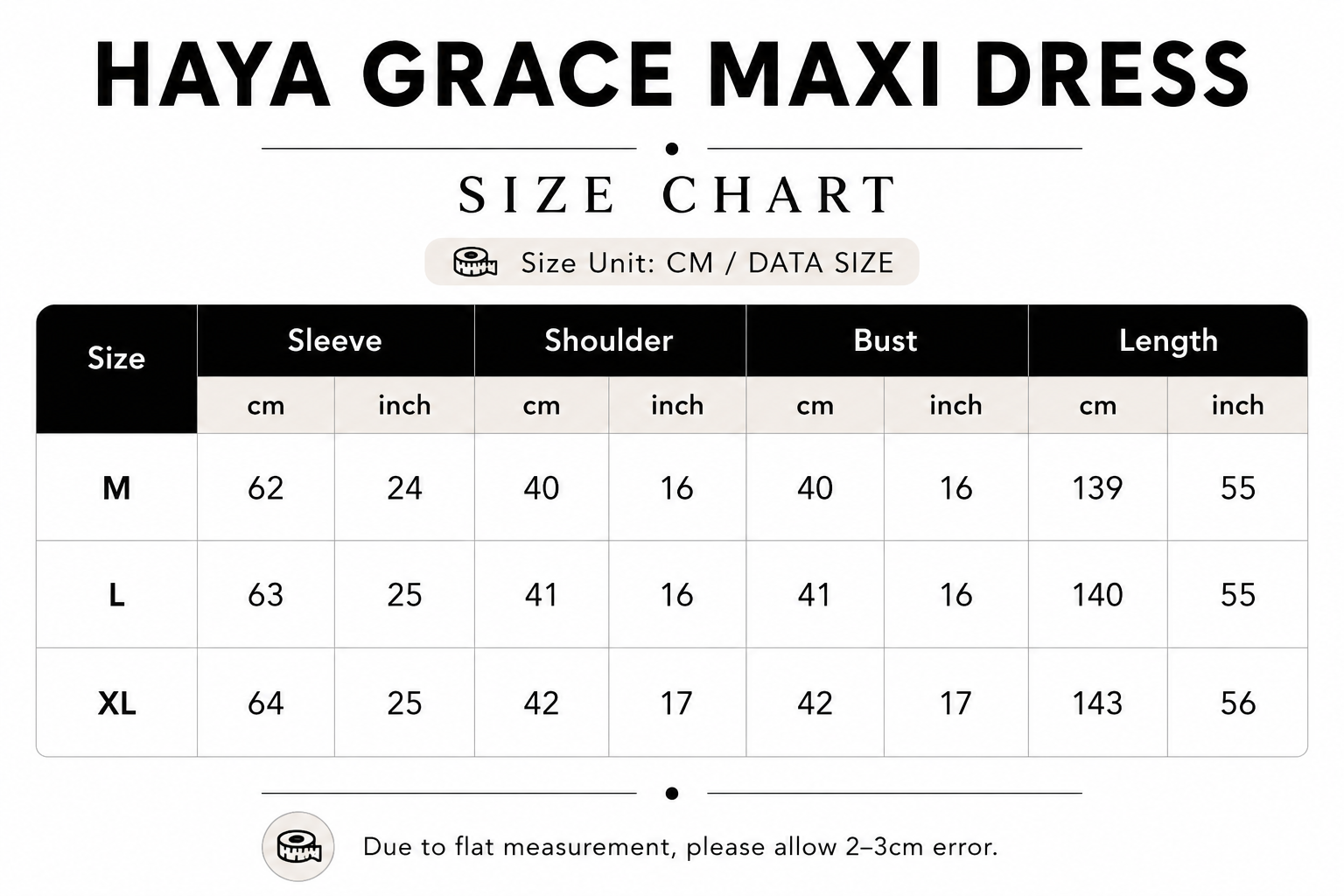 Size chart for Haya Grace Maxi Dress with measurements in centimeters and inches.