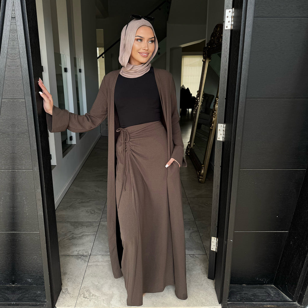 The Pearl Two-Piece Modest Kimono & Maxi Skirt Set - Mocha