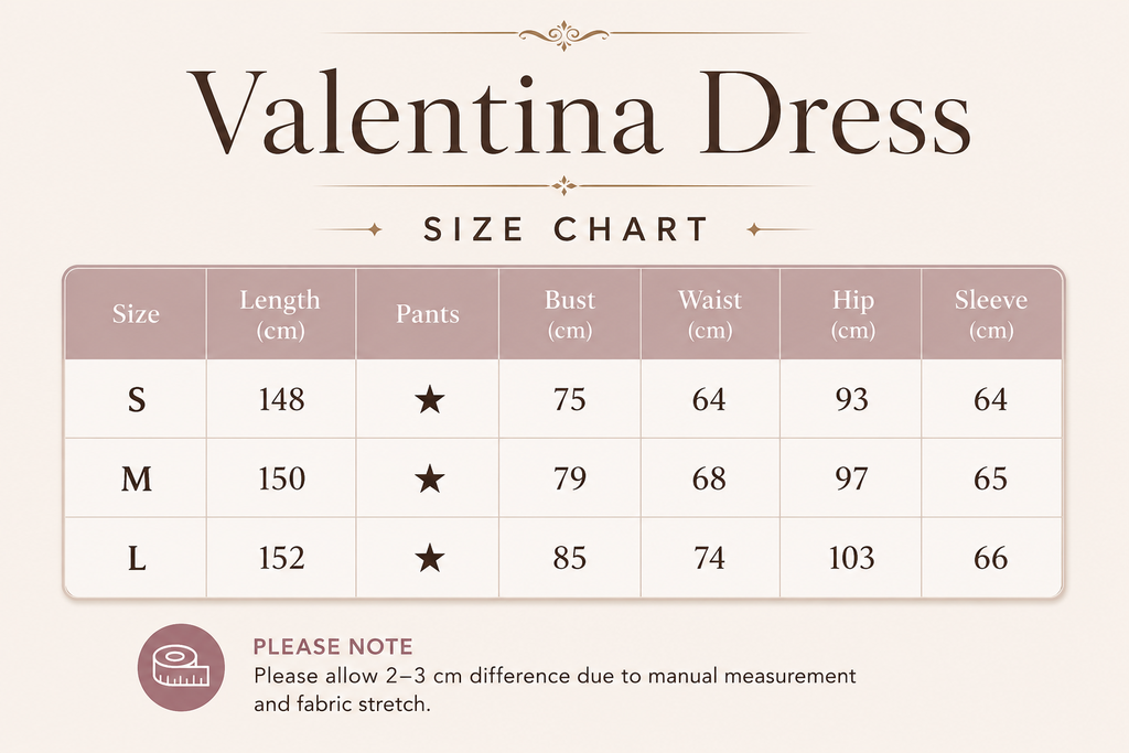 A size chart graphic for a Valentina dress, showing measurements in centimeters for sizes S, M, and L, including length, pants, bust, waist, hip, and sleeve. The chart has a beige background with brown text and headers.