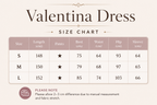 A size chart graphic for a Valentina dress, showing measurements in centimeters for sizes S, M, and L, including length, pants, bust, waist, hip, and sleeve. The chart has a beige background with brown text and headers.