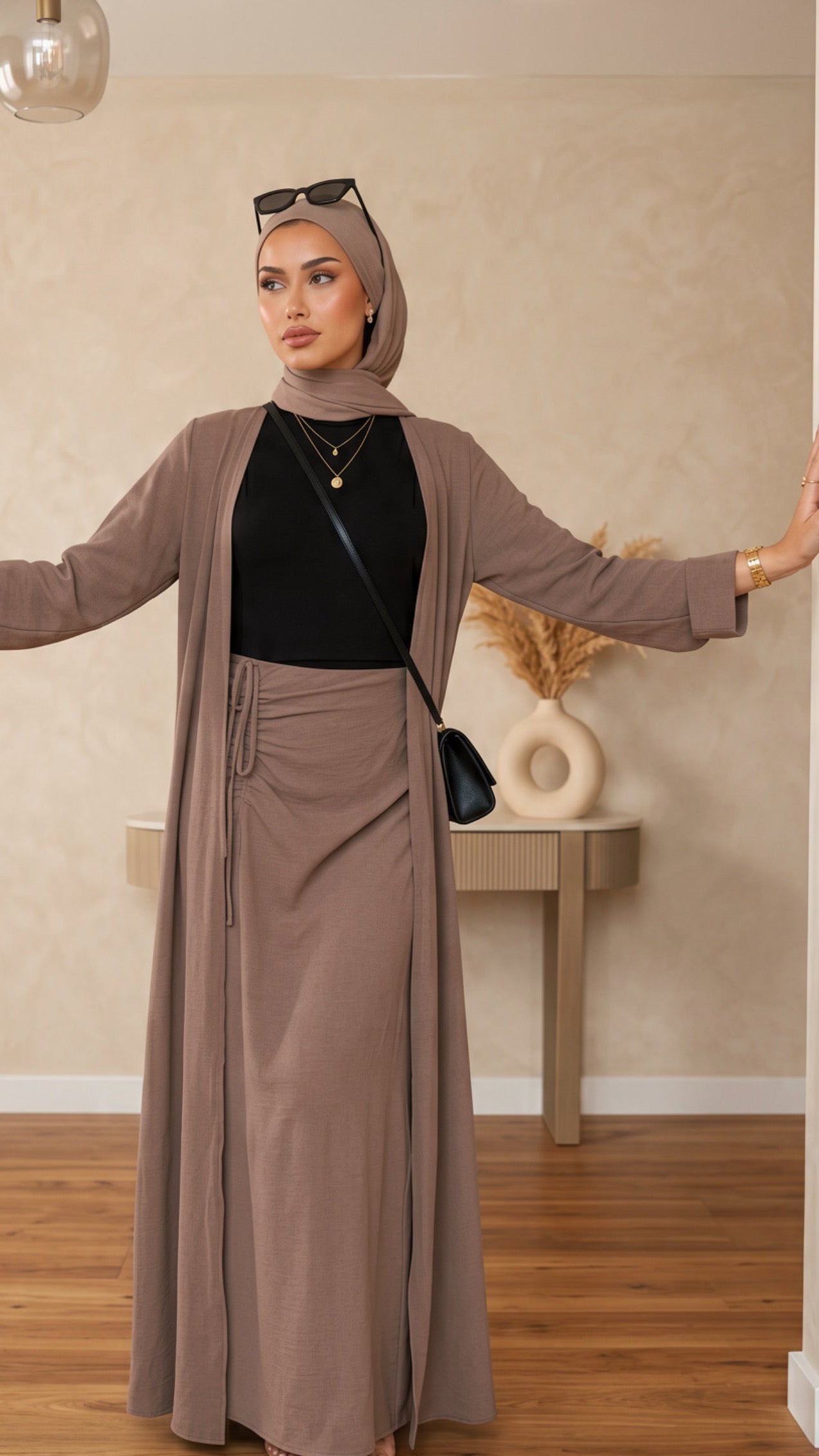 The Pearl Two-Piece Modest Kimono & Maxi Skirt Set - Rose Taupe