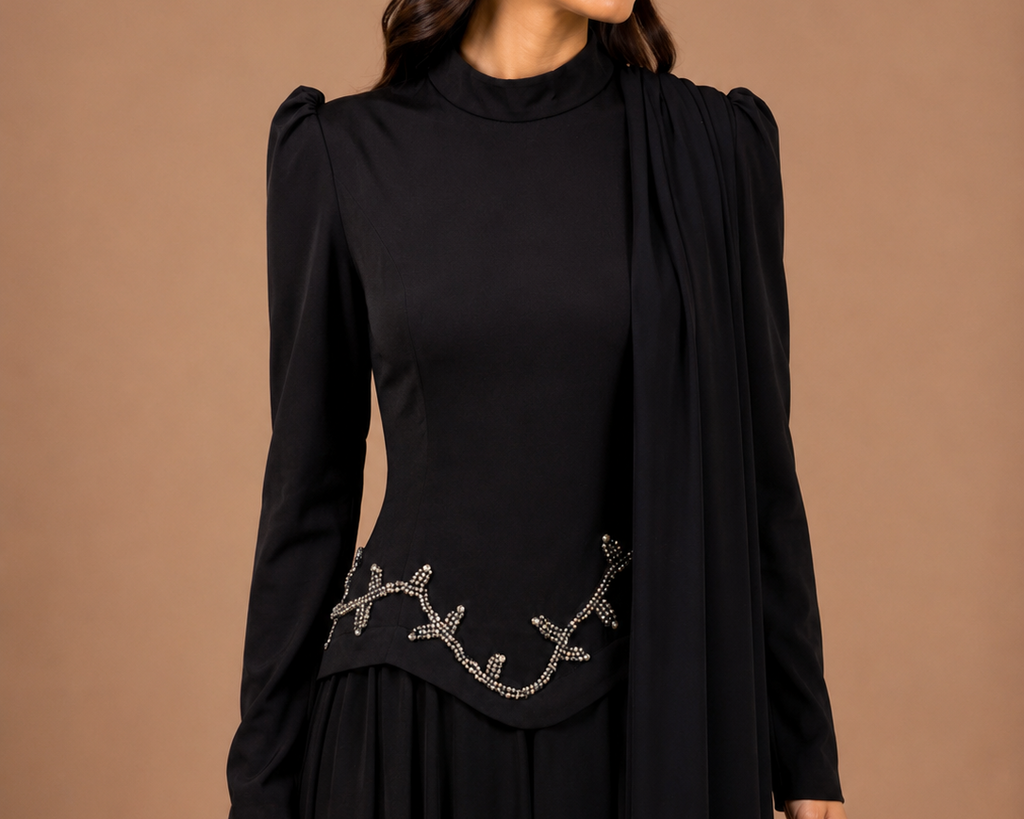 The Elara Embellished Modest Dress - Black