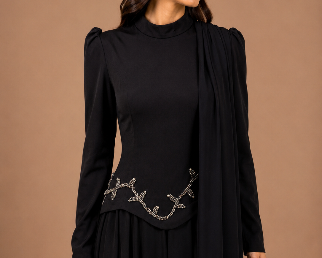 The Elara Embellished Modest Dress - Black