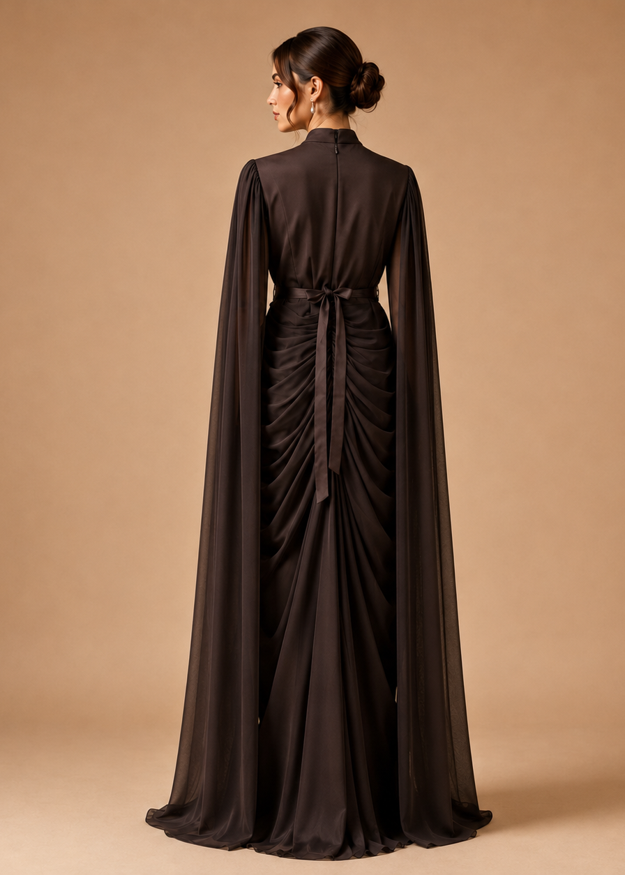 A woman stands with her back to the camera wearing a floor-length black gown with a high neckline, long draped cape-like sleeves, gathered ruching at the waist, and a matching tie detail. The background is a plain warm tan studio backdrop.