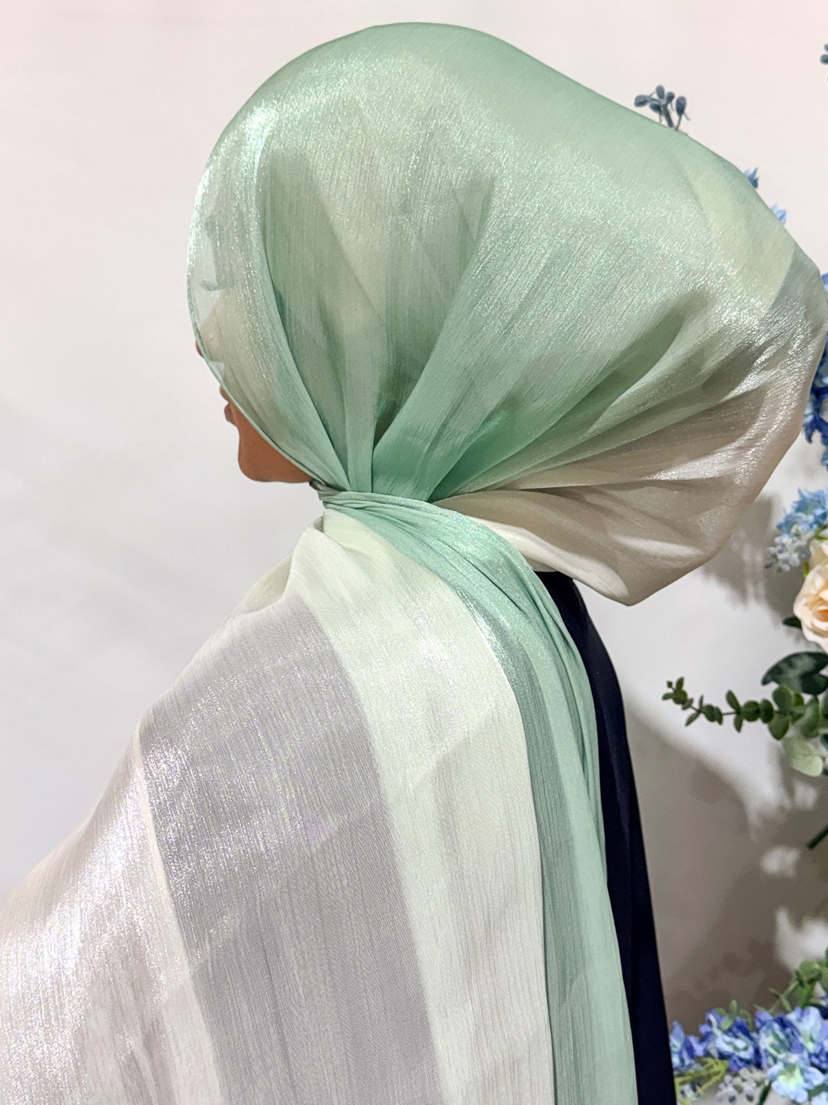 Mint Green to Silver Cream Gradient Ombre Shimmer Shawl