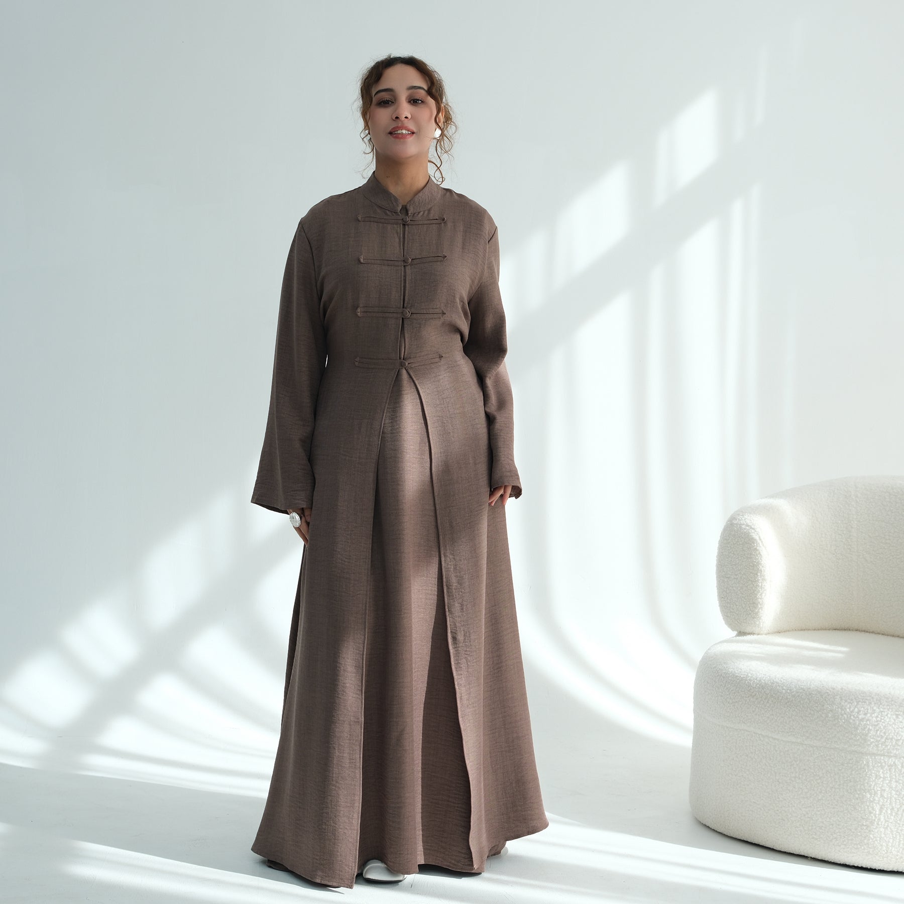 Liyana Button Detail Two-Piece Abaya Set - Mocha