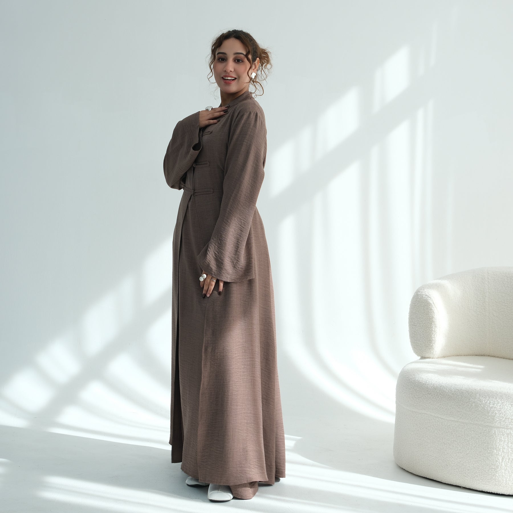 Liyana Button Detail Two-Piece Abaya Set - Mocha