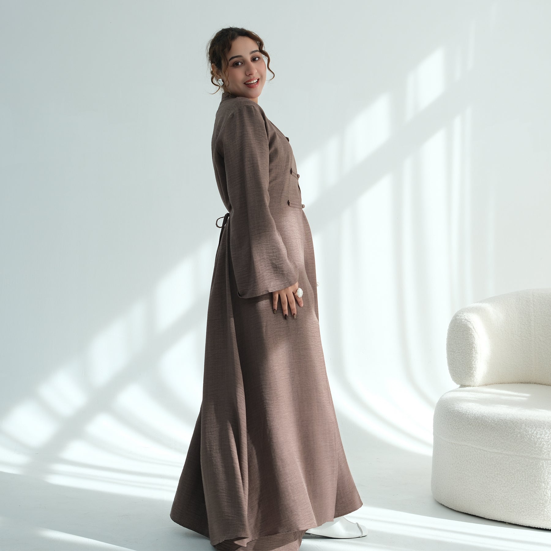 Liyana Button Detail Two-Piece Abaya Set - Mocha