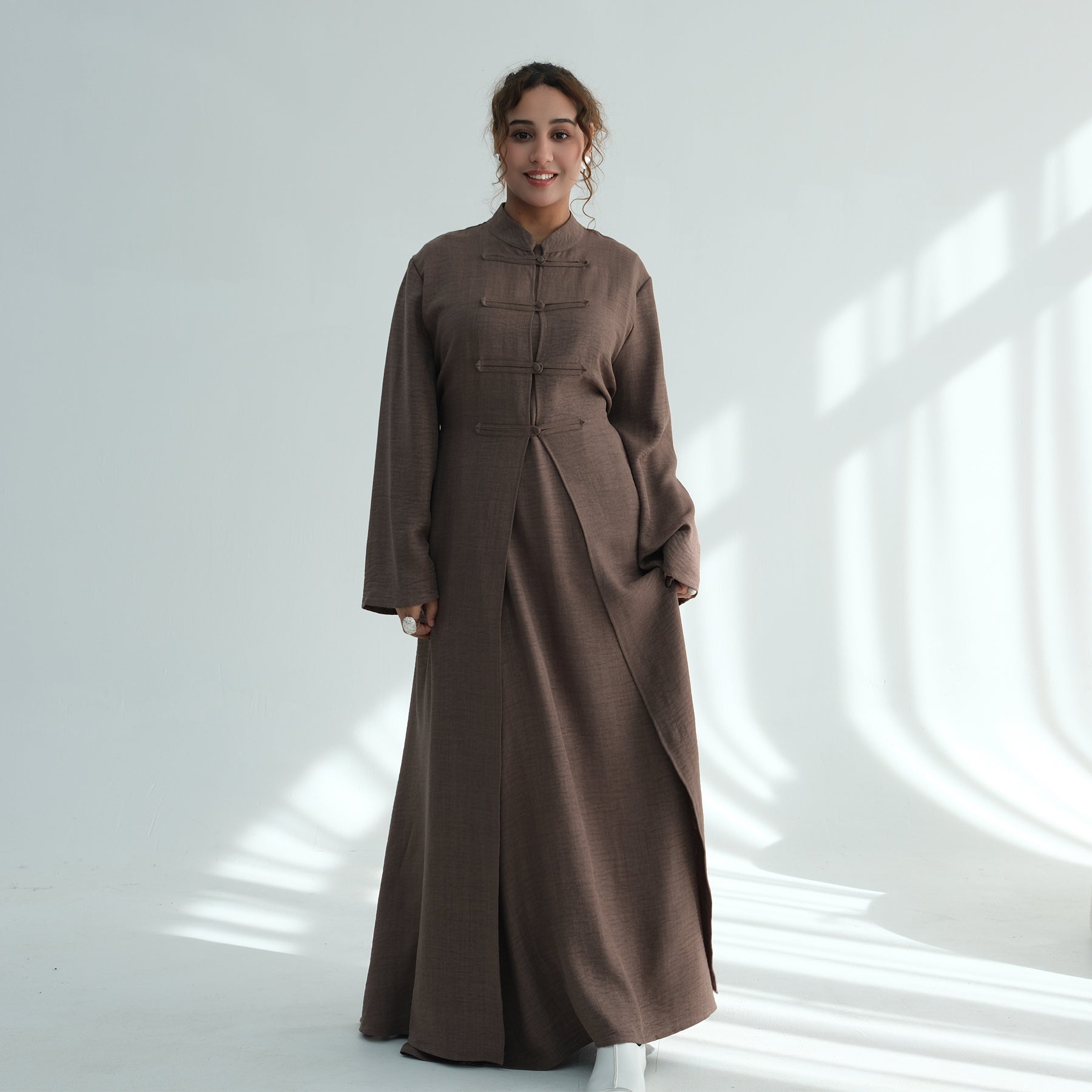 Liyana Button Detail Two-Piece Abaya Set - Mocha