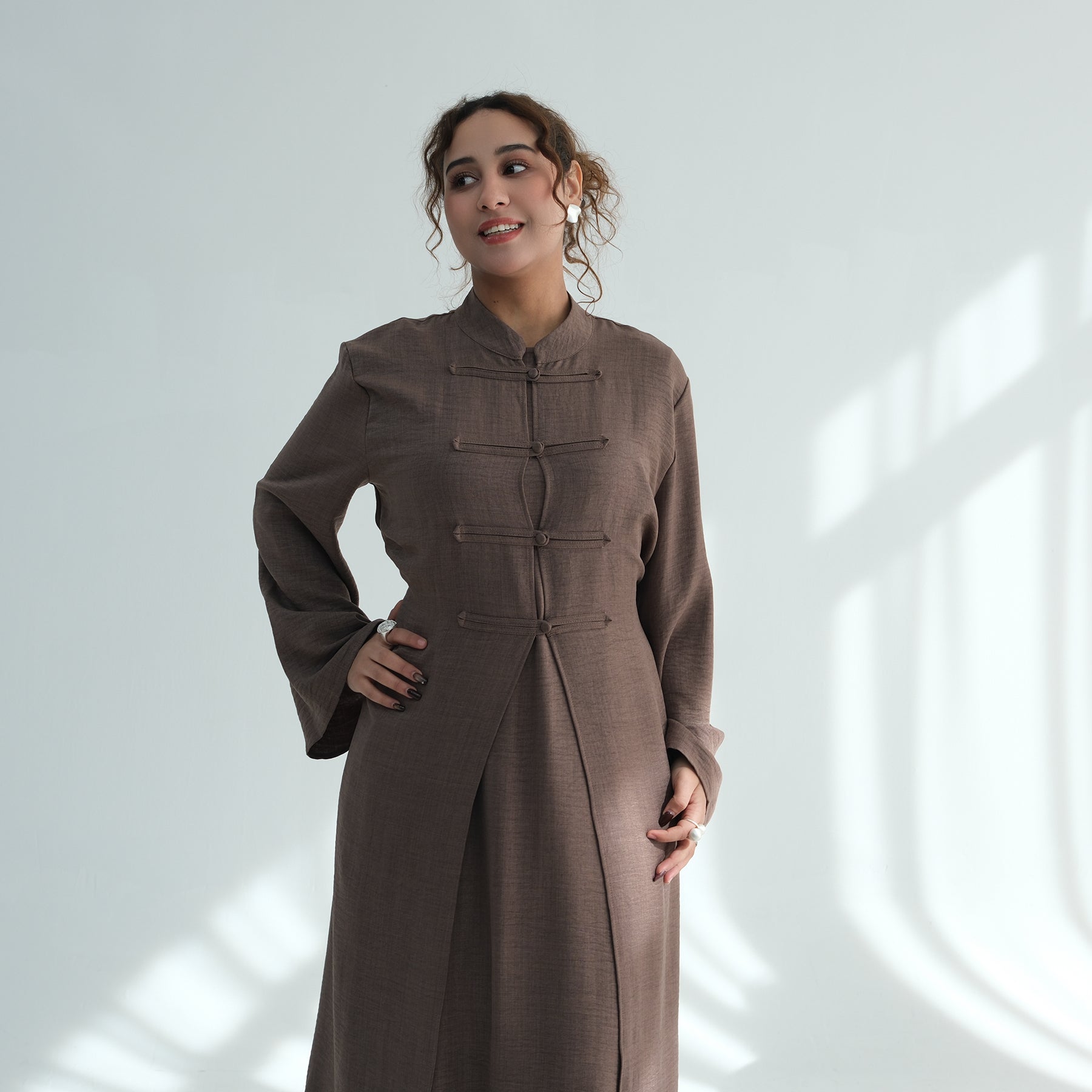 Liyana Button Detail Two-Piece Abaya Set - Mocha