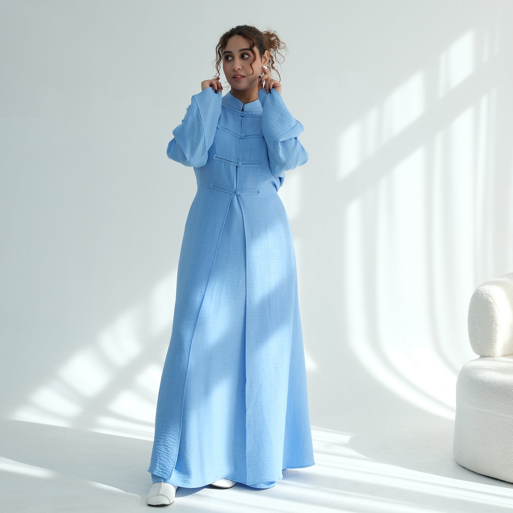 Liyana Button Detail Two-Piece Abaya Set - Sky Blue