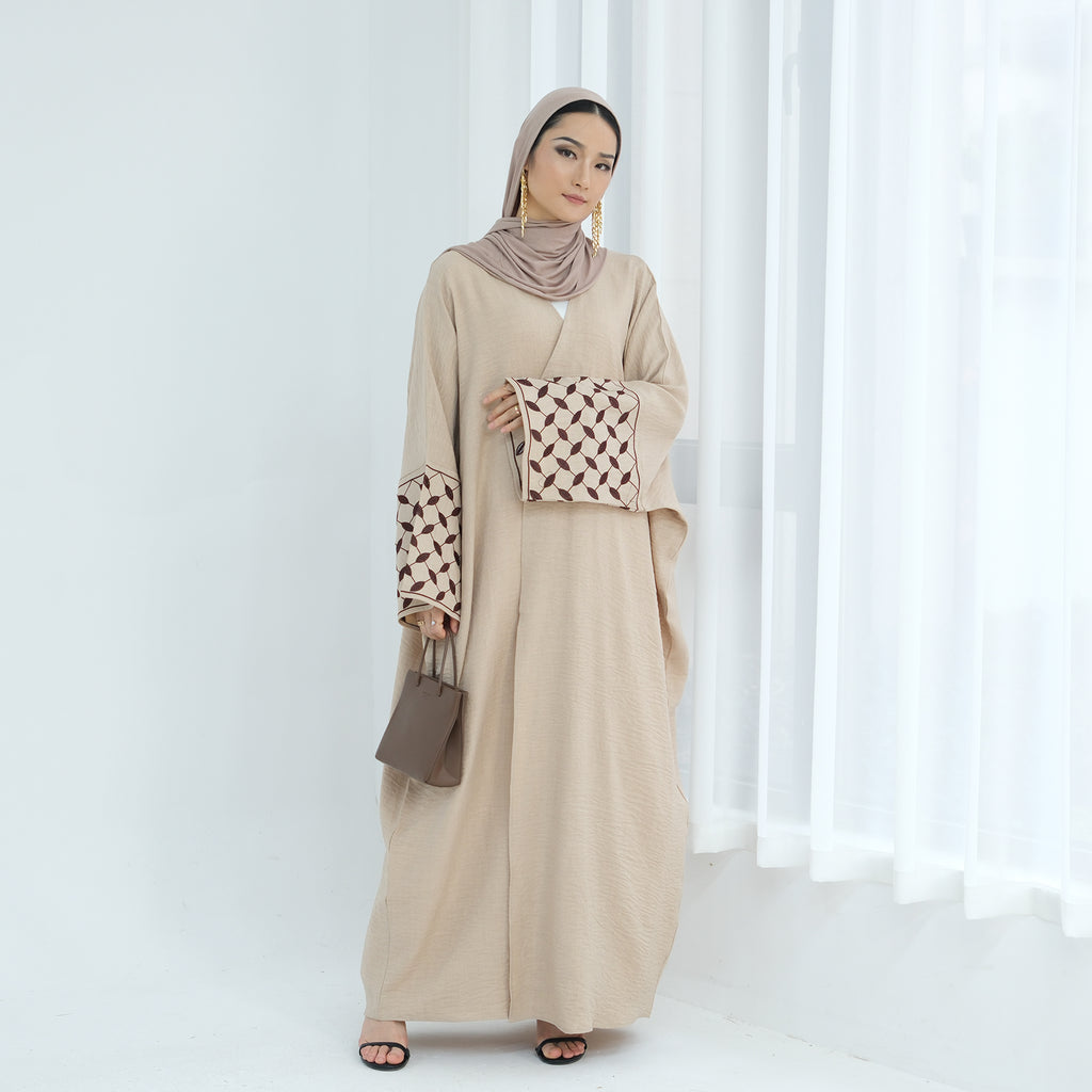 Keffiyah Embroidered Open Abaya - Beige