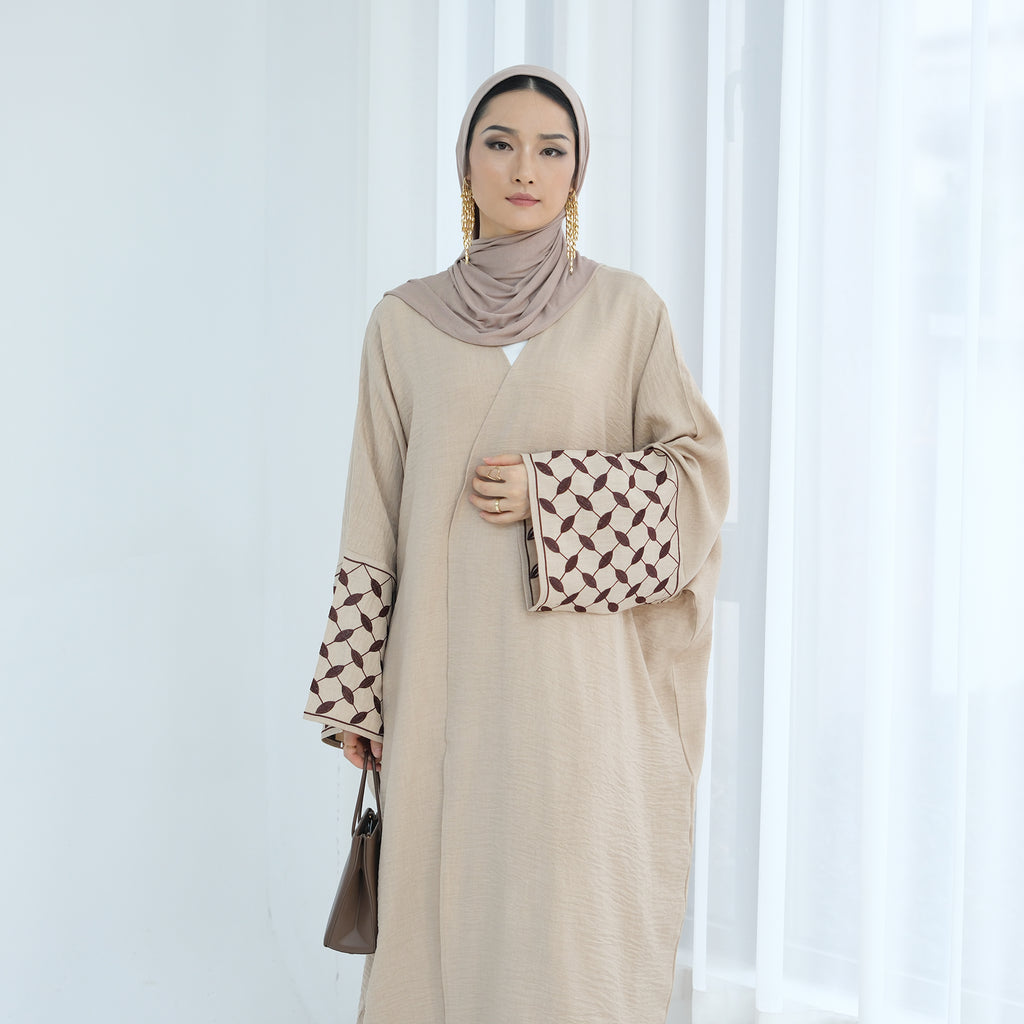 Keffiyah Embroidered Open Abaya - Beige