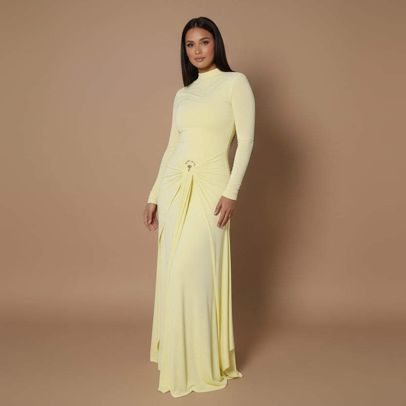 Lina Bodycon Draped Modest Maxi Dress - Lemon Grass